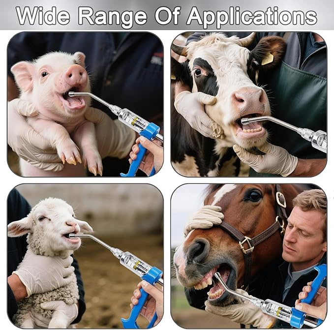 50ML Veterinary Metal Feeding Gun, Continuous Drench Gun Dosing Device Veterinary Adjustable Medicine Dispenser Husbandry Autonomous Feeding Tool, for Pig Cow, Sheep, Horse (Blue, 50ML+Kettle)-Mewly Pet