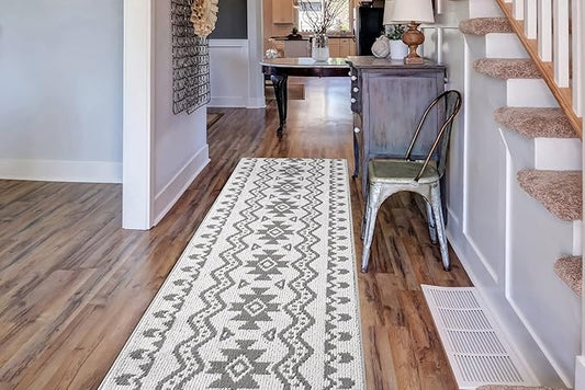 Custom Size Southwestern Style Runner Rug Mat for Wide Hallway Entryway Kitchen Laundry Room with Slip Resistant Latex Rubber Backing, Aztec Light Grey, 31 inch X 15 feet