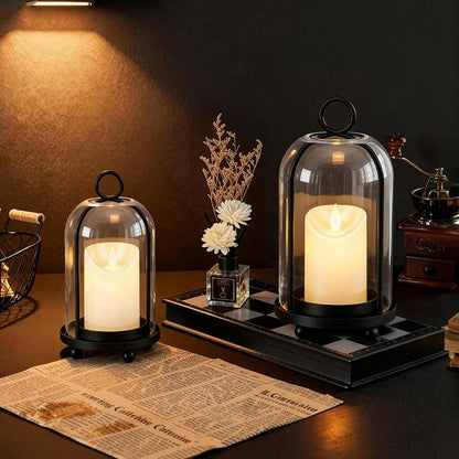 Glass Hurricane Candle Holder Decorative Gold Candle Lantern, Pillar Candlestick Holders Set of 2, Hanging Metal Holder Modern Table Centerpieces, Black