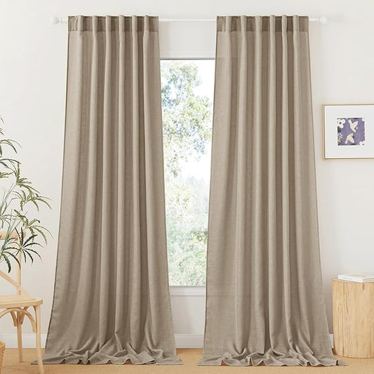 RYB HOME Linen Curtains for Windows - Airy Semi Sheer for Bathroom Kids Room Doorway, Privacy Assured Home Decor Elegant Shabby Chic, 52 inch Width x 102 inch Length, Khaki, 2 Panels Set