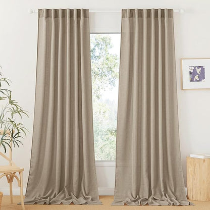 RYB HOME Long Linen Curtains 96 inches Long for Living Room, Light Airy Breathable Window Decor Linen Burlap 2 Panels Set for Laundry Room Home Office, W 70 x L 84 inches, Khaki, 2 Panels