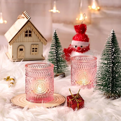 DARJEN Pink Votive Candle Holders Set of 36- Glass Candle Holders Bulk for Tea Light Candle, Embossed Candle Votives for Romantic Wedding Centerpiece, Home Table Decor
