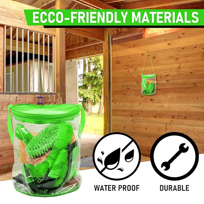 9 Pieces Horse Grooming Kit Tack Room Supplies Set with Organizer Tote Bag, Oval Massage Curry, Hard and Soft Brush, Hoof Pick, Sweat Scraper, Bathing Sponge, Combs for Horse Riders Beginners (Green)-Mewly Pet