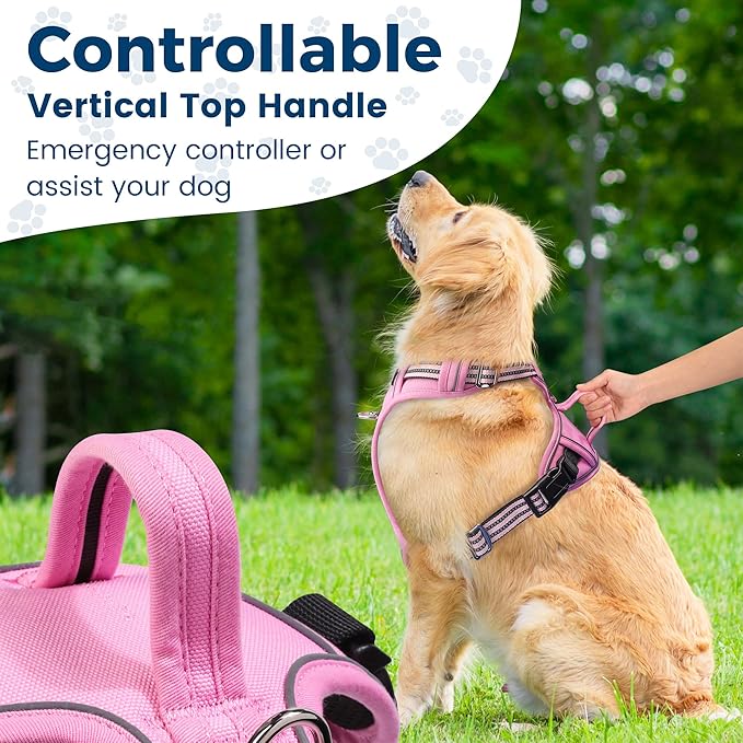 Funfox Dog Harness No Pull, Adjustable Pet Vest Harness, Super Soft Material with Vertical Handle Easy Control, Reflective Night Walking, 2 Leash Clips for XLarge Dogs, Pink, XL-Mewly Pet