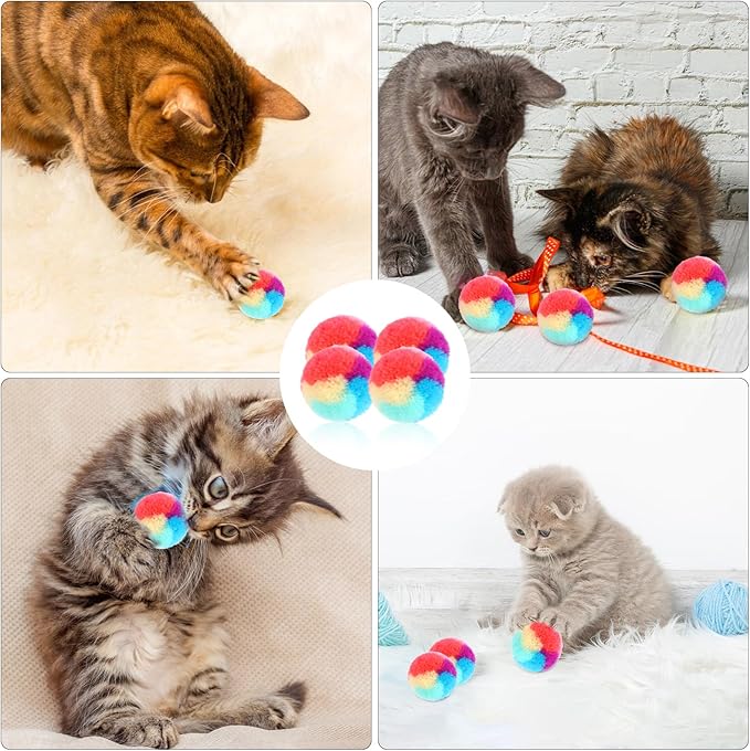 30 Pcs Soft Plush Cat Ball 1.2-inch Rainbow Cat Toy Balls Fuzzy Kitty Balls Kitten Puff Balls Colorful Cat Pom Pom Balls for Cat Kitten Pet Playing Exercising-Mewly Pet