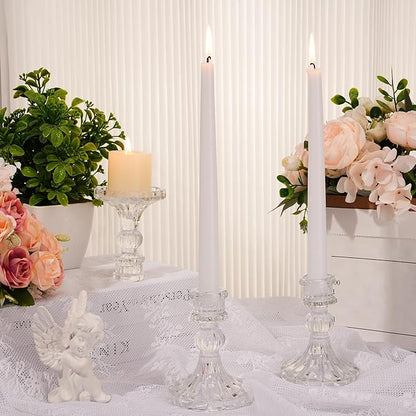 Suclain 24 Pcs Glass Taper Candle Holder Sets 12 Candlestick Holder with 12 White Long Candles for Wedding Party Decor Dinner Decoration(Clear)