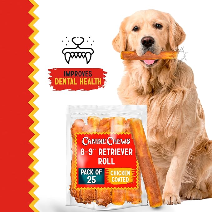 Canine Chews 8-9" Chicken Coated Dog Rawhide Retriever Rolls (25 Pack) - Chicken Rawhide Bones for Large Dogs - 100% USA-Sourced Chicken Coated Dog Rawhide Chews - Healthy Dog Dental Chew Rawhides-Mewly Pet