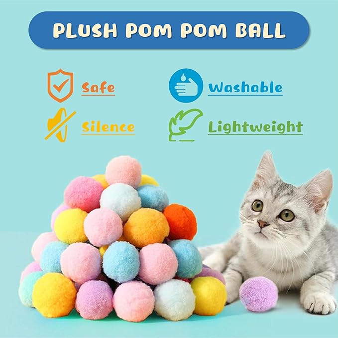 Low Noise Interactive Cat Ball Launcher Gun, 2 Noise-Reduced Launchers (New Upgraded), 100 Pcs Colorful Silent Plush Pom Pom Balls (1.2 inches), with 4 Pcs Cat Spring Toy-Mewly Pet