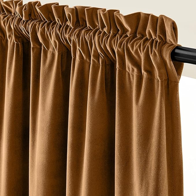 Lazzzy Velvet Blackout Curtains Thermal Insulated Room Window Drapes Super Soft Luxury Curtains for Living Room Bedroom Rod Pocket 2 Panels, Gold Brown, 62" W x 90" L