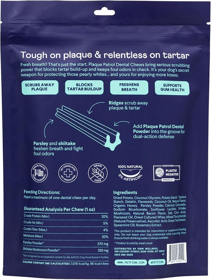 Finn Plaque Patrol Dental Chews | Triple-Action Defense Against Plaque, Tartar, and Bad Breath | for Medium/Large Dogs, 25+ lbs-Mewly Pet