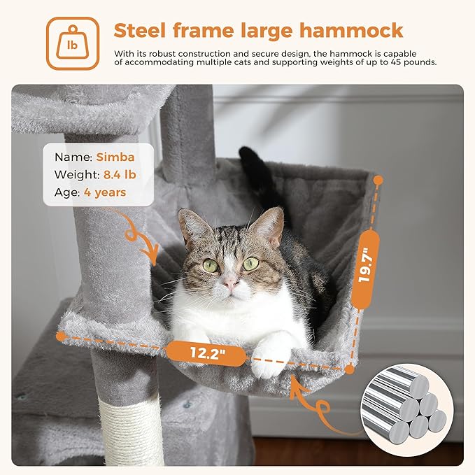 PAWZ Road 70 Inch Cat Tower, Tall Cat Tree with 2 Cozy Condos, 2 Plush Perch, Large Basket, 2 Scraching Pad & 6 Scraching Posts for Indoor Cats Large Adult, Gray-Mewly Pet