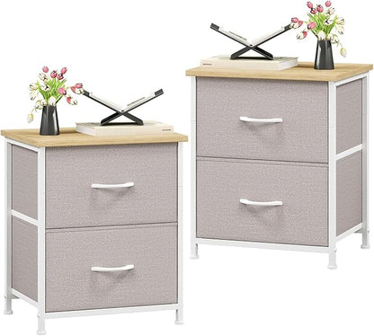 Somdot Nightstand Set of 2, Small Dresser for Bedroom with 2 Drawers, Bedside Table Night Stand End Table with Fabric Bins for Bedroom Kids Closet Dorm Guest Room, Ash Grey