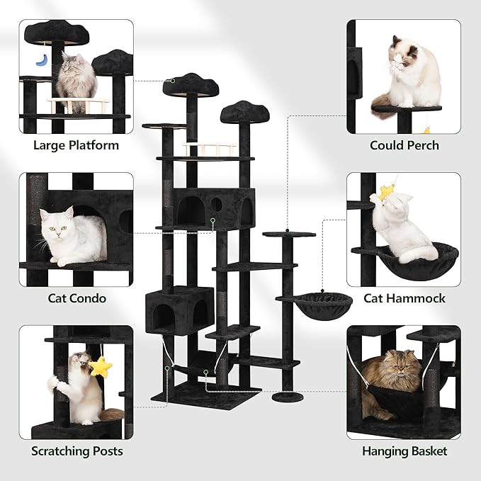 85inch Giant Cat Tree for Heavy Duty Big Cats, Multi-Level Luxury Cat Tower with Scratching Post, Cat Condo with Hammocks & Plush Perches for Indoor Cats Large Adult, Black-Mewly Pet