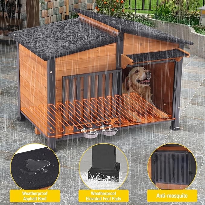 Chew-Resistant Dog House with Metal Frame, Wooden Kennel for Indoor & Outdoor Use, Waterproof Roof & Feeding Bowls Included (Wood, L-in)-Mewly Pet
