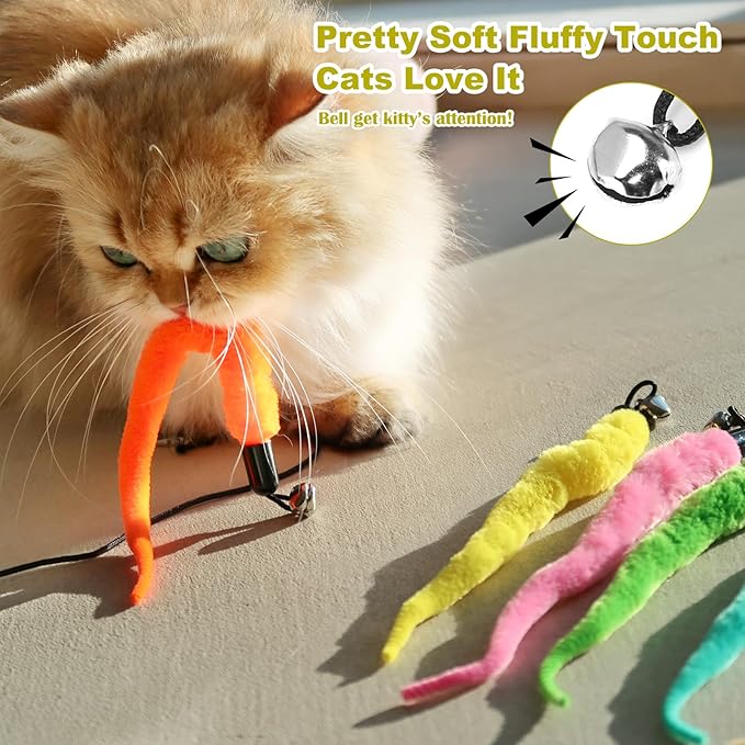 10PCS Cat Worm Toy for Cats, Cat Wand Toy Accessories, Cat Feather Toy Attachments Replacements, and 1PC Black String for Cat Fishing Pole Toy, Assorted Worm Cat Toy Teaser for Indoor Cats Kitten-Mewly Pet