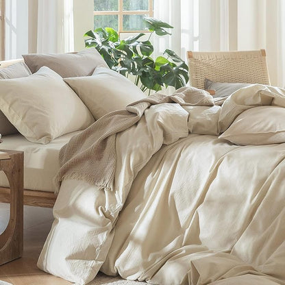 MooMee Bedding Duvet Cover Set 100% Washed Cotton Linen Like Textured Breathable Durable Soft Comfy (Heathered Almond Milk Grey, Oversized Queen 98"x98")