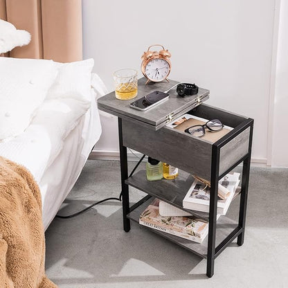 Yoobure End Table with Charging Station, Flip Top Side Table with USB Ports and Outlets, Sofa Couch Table Bedside Table for Living Room Bedroom, Narrow Nightstand with Storage Shelves for Small Space