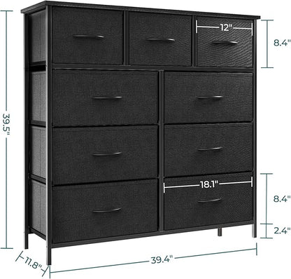 OLIXIS Dresser for Bedroom, 9 Storage Drawers, Wide Fabric Closet Chests Organizer Tower Furniture, TV Stand with Wooden Top Metal Frame for Clothes, Living Room, Hallway, Entryway, Black