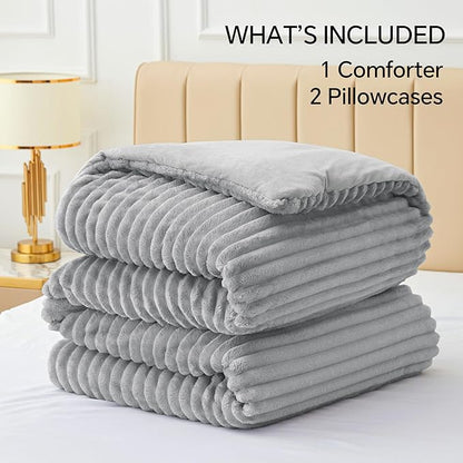 BEDELITE Fleece King Comforter Set -Super Soft & Warm Fluffy Light Grey Bedding, Luxury Fuzzy Heavy Bed Set for Winter with 2 Pillow Cases