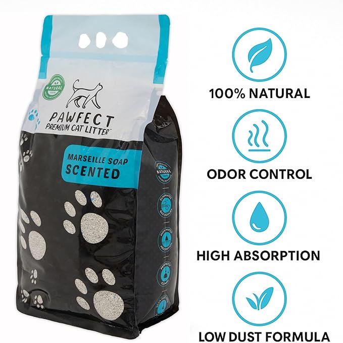 Marseille Soap Scented Cat Litter – 37.8 lb / 20L, Fast Clumping, Natural Odor Absorption, Lightweight Formula, Bonus Cleaning Tool Included, Made with Turkish White Bentonite-Mewly Pet