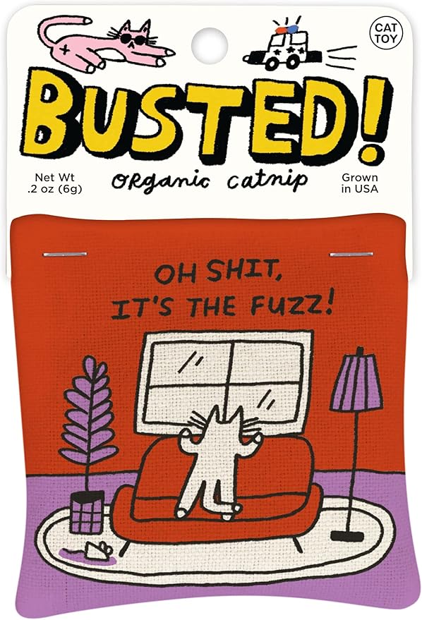 Blue Q Busted! Oh S!, It's The Fuzz! Catnip Cat Toy. Premium Organic 'Nip Grown in The USA, 100% Cotton Pouches, Kitty Graphics Sure to Delight Every Cat-Keeper.-Mewly Pet