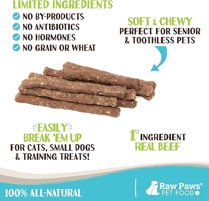 Raw Paws Grain-Free Soft Stick Treats for Dogs & Cats - Beef Recipe, 6-oz - Made in USA Beef Jerky Treats - Cat Sticks - Chewy Dog Jerky Treats - Dog Sausage - Soy, Grain Free-Mewly Pet