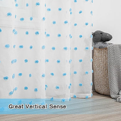 MYSKY HOME Light Blue Pom Pom Sheer Curtains for Girls Bedroom - 45 Inch, Light Filtering, Nursery, Kids Room, Rod Pocket, Cafe Style, Small Window Panels, 52 x 54 in, Set of 2