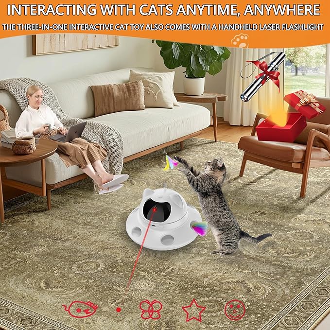 3-in-1 Cat Laser Toy & Interactive Automatic Motion-Activated Kitten Toy – 6 Holes Whack-A-Mole Feather & Moving Ambush Fun – USB Rechargeable, Apply to – Indoor Exercise for Cats of All Breeds-Mewly Pet