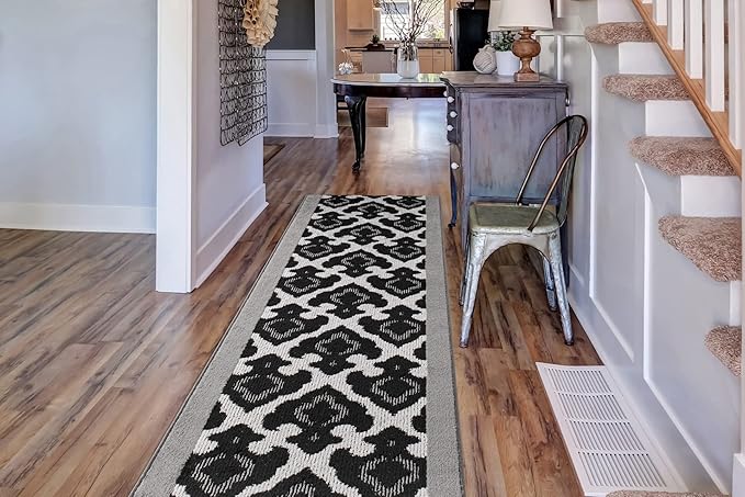 Custom Length Cut to Size Fleur de Lis Inspired Carpet Runner Rug for Hallways, Non Slip Rubber Backed, 31 inch Wide X Customized Length, Royal Grey, 31 inch X 20 feet