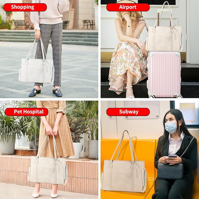 Stylish Dog Purse Carrier, Leather Pet Carrier Bag for Small Dogs Cats Puppy, Airline Approved Soft-Sided Carrier Beige-Mewly Pet