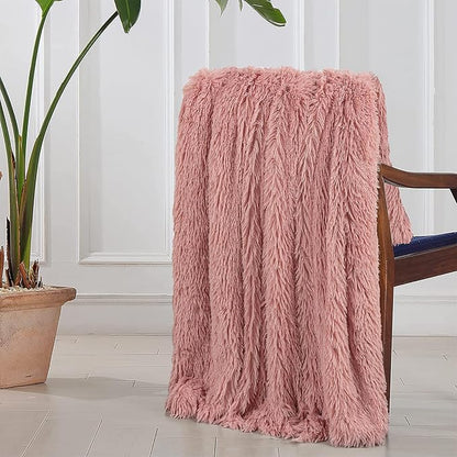 Tuddrom Decorative Extra Soft Fuzzy Faux Fur Throw Blanket 50" x 60",Solid Reversible Long Hair Shaggy Blanket,Fluffy Cozy Plush Comfy Microfiber Fleece Blankets for Couch Sofa Bedroom,Peach Whip