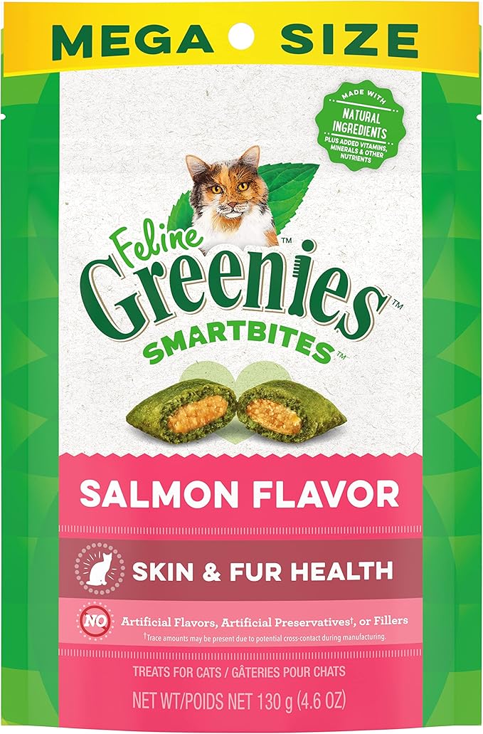 Greenies Feline Smartbites Skin & Fur Health Crunchy and Soft Cat Treats, Salmon Flavor, 4.6 oz. Pack-Mewly Pet