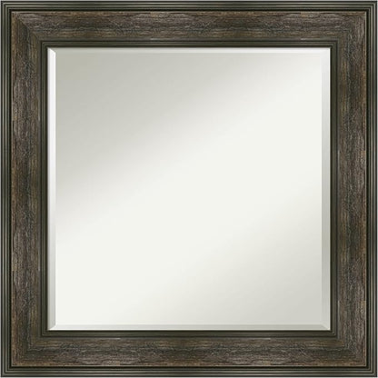 Amanti Art Brown Bathroom Mirror for Over Sink, 26x26 Rail Rustic Char Square Vanity Mirror, Medium Country Rustic Frame, Hangs Horizonally and Vertically, Bathroom Wall Decor, Beveled Edge