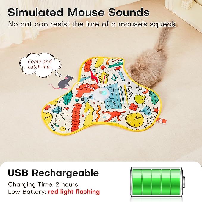 Potaroma Interactive Cat Feather Toys, Hide and Seek Concealed Moving Feather Wand, Rechargeable Touch Activated Indoor Kitten Exercise Kicker, Mouse Squeaky, Graffiti Cover-Mewly Pet