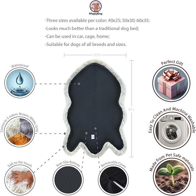 IHAPPYDOG Luxury Faux Fur Orthopedic Dog Bed, Memory Foam Dog Bed for Small, Medium, Large and XL Pets, Fluffy Pet Bed with Waterproof and Washable Cover (Grey, 50"x30")-Mewly Pet