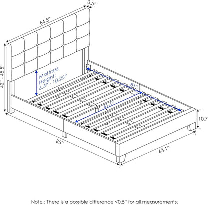 Furinno Laval Button Tufted Upholstered Platform Bed Frame, Queen, Glacier