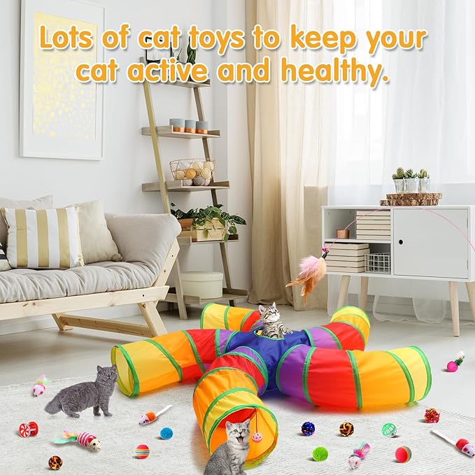Poen 21 Pcs Cat Tunnel for Indoor Set Collapsible 5 Way Tubes with 20 Pcs Cat Kitten Toys Interactive Feather Toy Mouse Crinkle Balls Tube for Puppy Kitten Rabbit(Colorful)-Mewly Pet