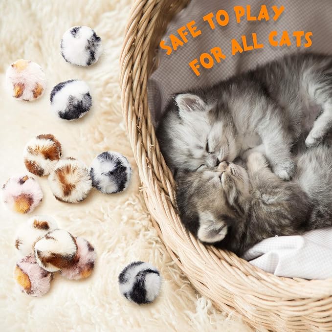 Weewooday 12 Pieces Cat Pom Pom Balls Toys Large Fuzzy Cat Ball Artificial Large Plush Ball for Cats Pets Interactive Playing Indoor(Pink,Leopard)-Mewly Pet