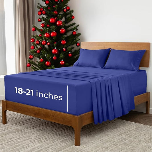 Mellanni Extra Deep California King Sheets - 4 PC Iconic Collection Bedding - Hotel Luxury, Ultra Soft, Cooling Bed Sheets - Wrinkle, Fade, Stain Resistant (Cal King, Royal Blue)