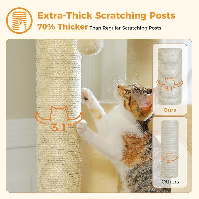 Large Cat Tree with Reinforced Scratching Posts (φ3.1in) for Big Adult Cats 30 lbs, 57.8" Heavy Duty Cat Tower with Larger Hammock and Condo, Cat Furniture for Maine Coon, Plush,Beige-Mewly Pet