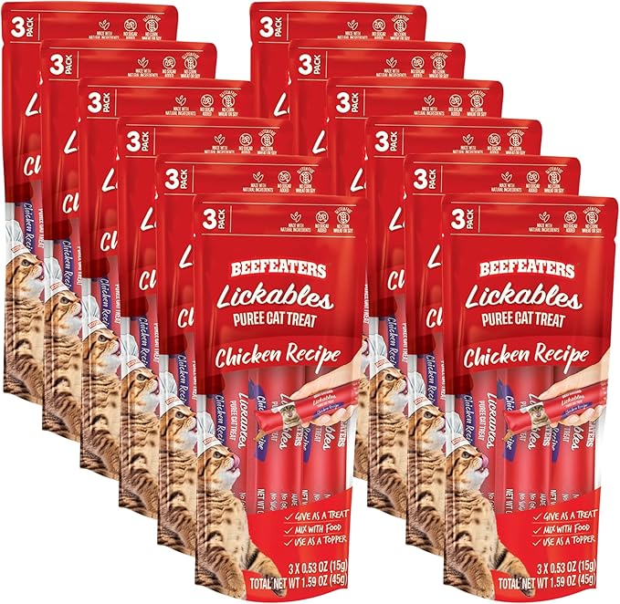 Beefeaters Cat Treats Lickable Puree 1.59oz (12-Pack) – Chicken, Grain-Free, Taurine-Enriched, Ideal for Training & Interactive Feeding-Mewly Pet
