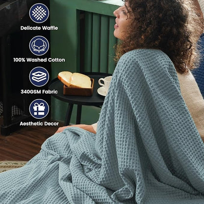 PHF 100% Cotton Waffle Weave Throw Blanket，Pre-Washed Snag Proof Lightweight Breathable Moisture-Wicking for Layering in Cold Weather for Couch Bed,Machine Washable,Home Decor Gift-Ocean
