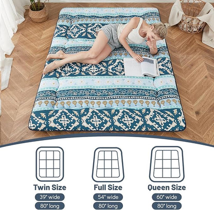 Japanese Floor Mattress, Futon Mattress with Storage Bag and Washable Cover, Roll Up Tatami Mat Suitable for Guest Room (Blue Striped Jacquard, Queen)