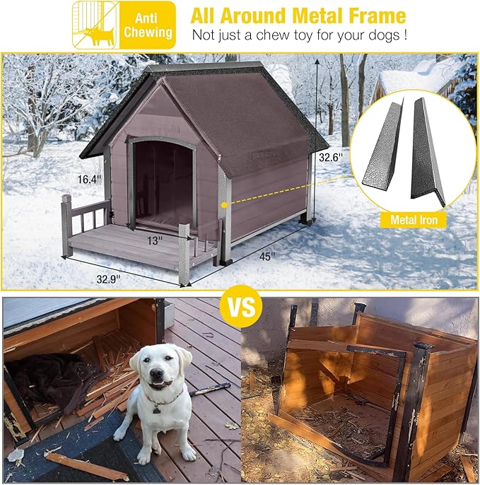 Aivituvin Dog House Outdoor with Metal Frame, Insulated Dog Kennel Outside for Small to Medium Breed, 45" Weatherproof Large Dog Shelter with Anti-Chewing Iron Frame, Grey (45" D x 32.9" W x 32.6" H)-Mewly Pet