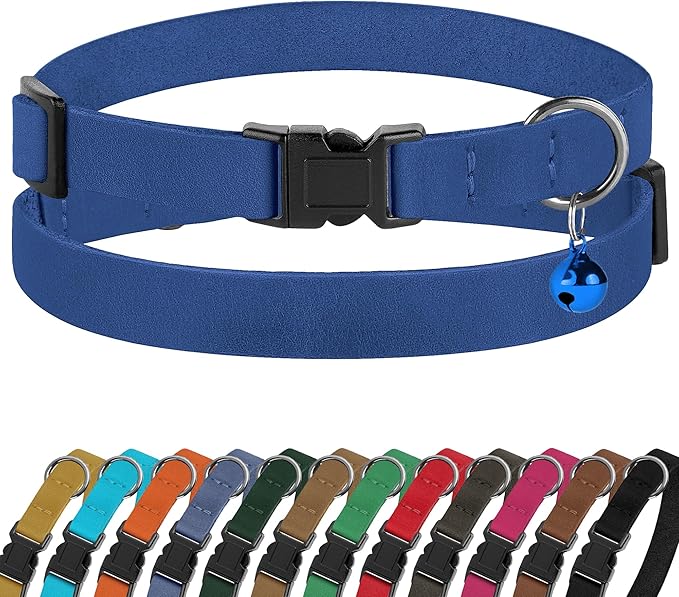Breakaway Cat Collar Leather with Removable Bell - 13 Colors Available - Soft Adjustable Girl Boy Safety Lightweight Pet Kitten Collars Pink Brown Blue Green Red Orange Black (Blue)-Mewly Pet
