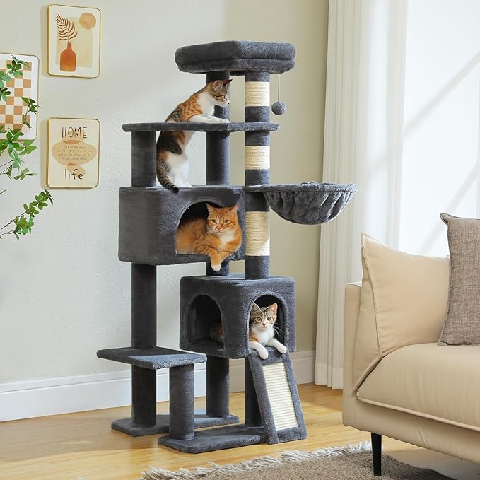PAWZ Road Cat Tree, 51.6 Inches Cat Tower with Dual Condos, Spacious Perch, Cozy Basket and Sisal-Covered Scratching Posts for Indoor Cats- Dark Gray-Mewly Pet