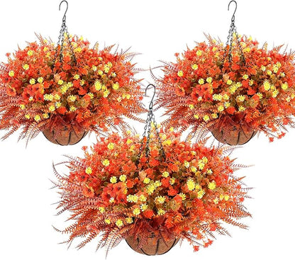 3 Set Artificial Fake Fall Hanging Flowers Plants Basket Outdoors Faux Hanging Baskets with Fall Flowers UV Resistant for Outside Yard Patio Garden Balcony Patio Porch Autumn Decor
