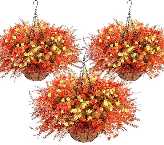 3 Set Artificial Fake Fall Hanging Flowers Plants Basket Outdoors Faux Hanging Baskets with Fall Flowers UV Resistant for Outside Yard Patio Garden Balcony Patio Porch Autumn Decor
