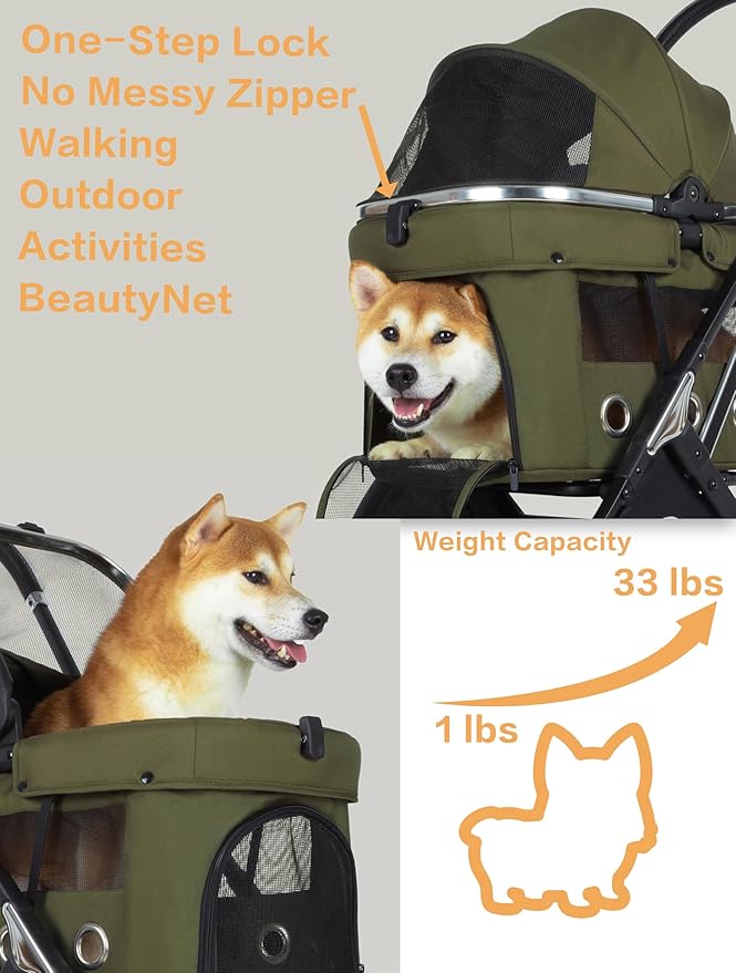 JK Pawadore 4 Wheels Pet Stroller Best Lightweight Foldable Portable Secure Easy Lock NO-Zip 180 ̊ Canopy Sun Shades Waterproof for Small/Medium Dogs 33lbs with Large Storage Basket (Army Green)-Mewly Pet