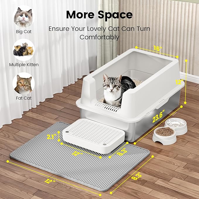 Stainless Steel Cat Litter Box - Enclosed XL Metal Kitty Litter Box with Lid for Big Cats, High Sided, Anti-Leakage, Easy Cleaning, Non-Sticky, Included Litter Mat, Cat Bowl & Spoon-Mewly Pet